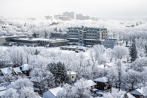 Snow-covered Quebec City skyline in fog — travel photo of Québec
