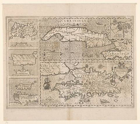 Kaart van vijf Caraibïsche eilanden Cuba, Haïti, Jamaica, Puerto Rico en St. Margareta Cuba Insula Hispaniola Insula Insula Iamaica Ins. S. Ioannis I.S. Margareta cum confiniis (titel op object) — travel photo of Puerto Rico & Jamaica