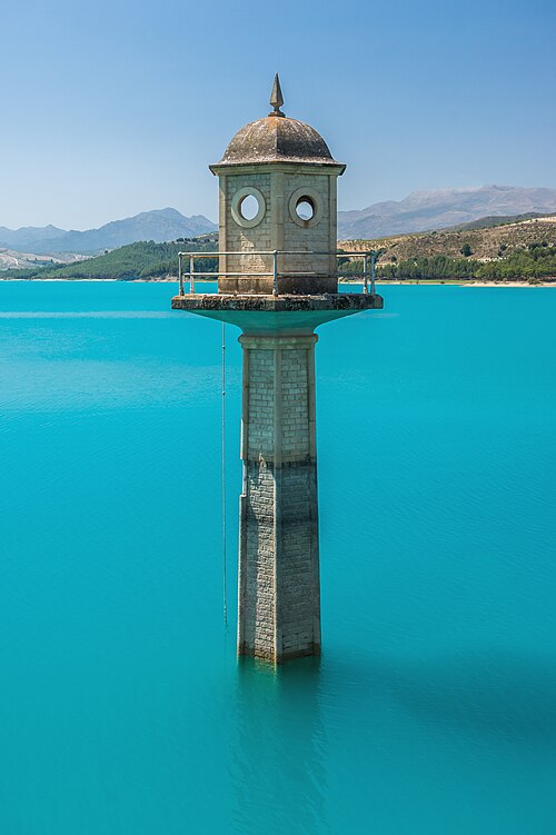 Watch tower of the dam, Embalse de los Bermejales, Andalusia, Spain — travel photo of Andalusia