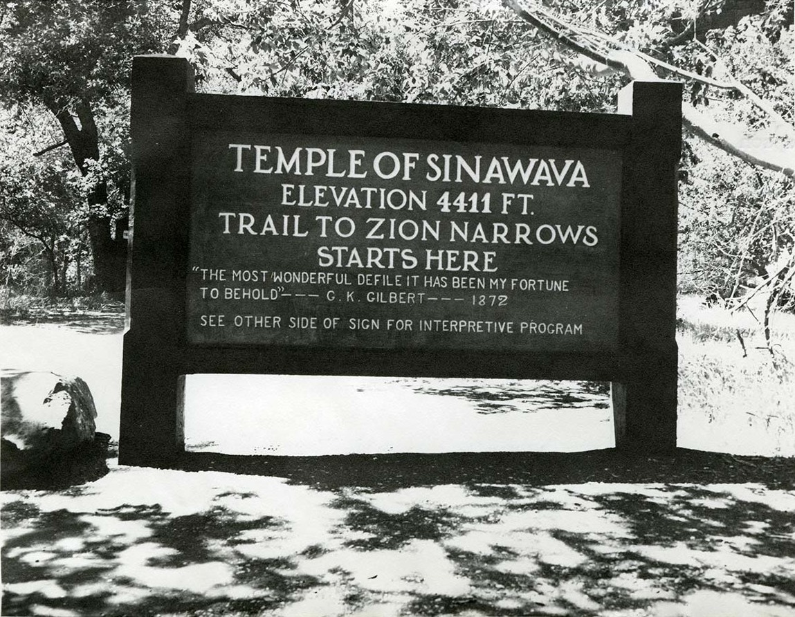 Temple of Sinawava sign at trailhead to the Narrows., ZION Museum and Archives Image, ZION (2bf499b68b684417a61e2b092e2508d2) — travel photo of The Narrows, Zion & Springdale