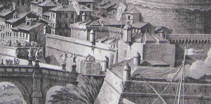 Grand View of Vatican City ( ) by Giuseppe Vasi - The guarded access to Castel Sant'Angelo — travel photo of Castel Sant'Angelo, Vatican City