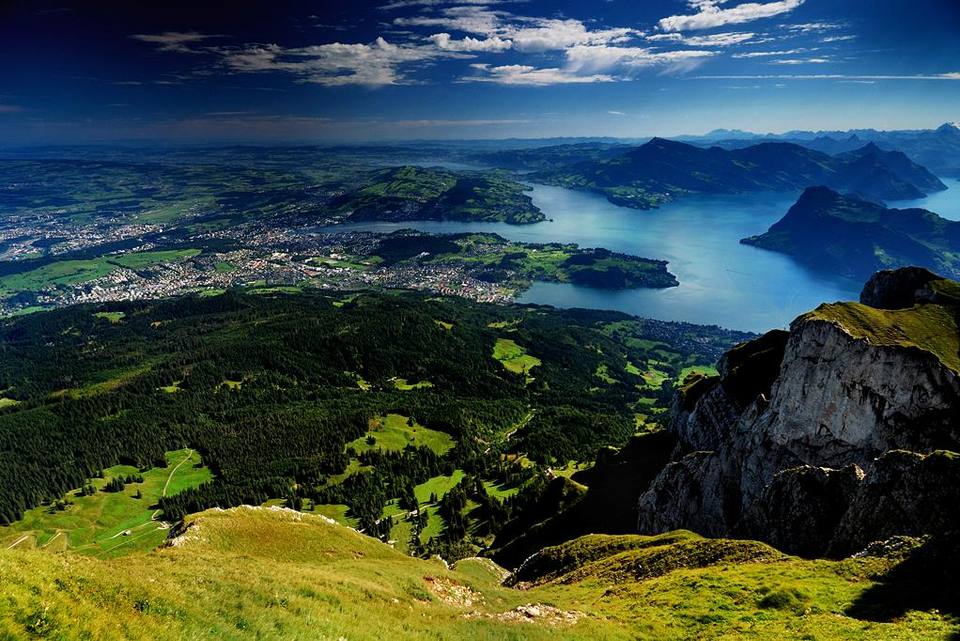 Panoramic view from Mount Pilatus of Lake Lucerne, Mount Rigi, Lake Zug and the city of Lucerne — travel photo of Mount Rigi, Lucerne