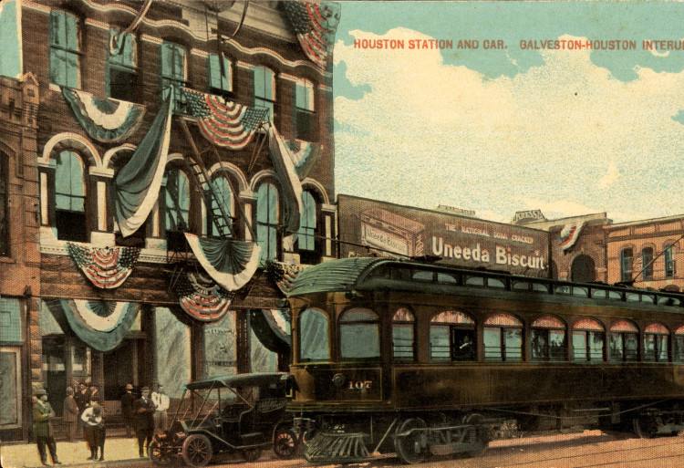Houston station and car from the Galveston-Houston Interurban Railroad — travel photo of Galveston, Houston