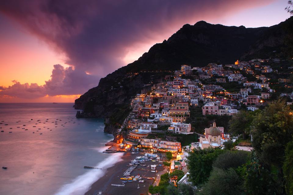 Positano at dusk, Amalfi Coast, Italy — travel photo of Positano, Amalfi Coast