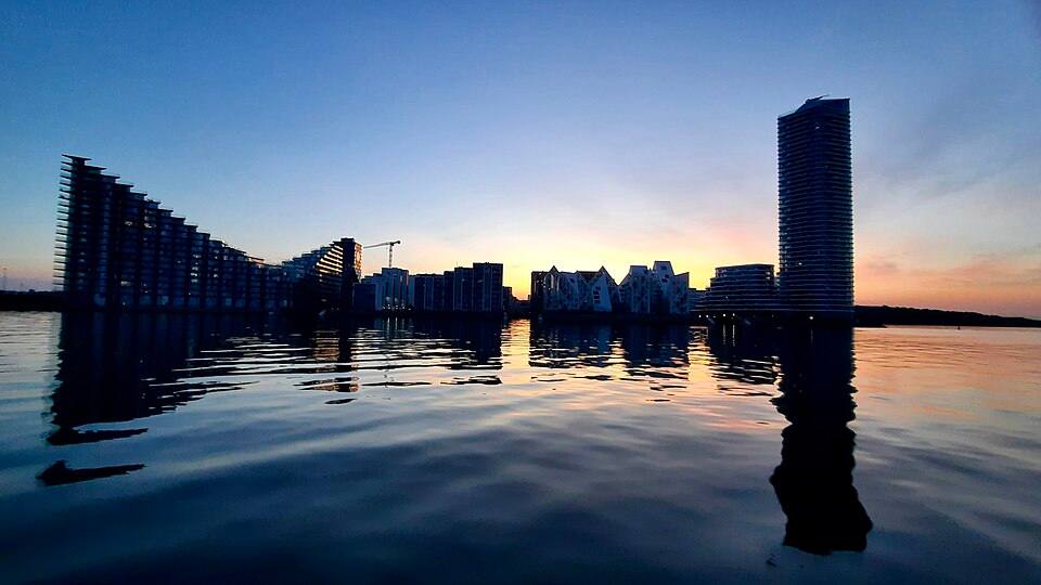 Aarhus Ø docklands skyline June sunset Denmark — travel photo of Aarhus Ø, Aarhus