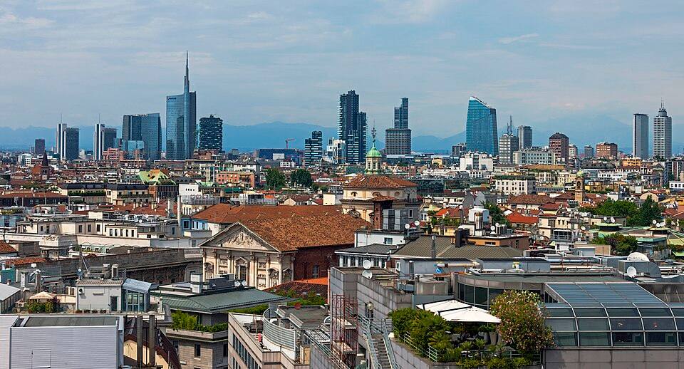 Full Milan skyline from Duomo roof — travel photo of Milan, Italy