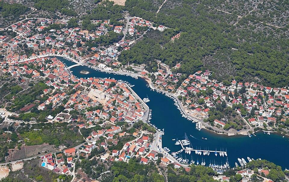Aerial image of Vrboska, island of Hvar (view from the south) — travel photo of Vrboska, Hvar