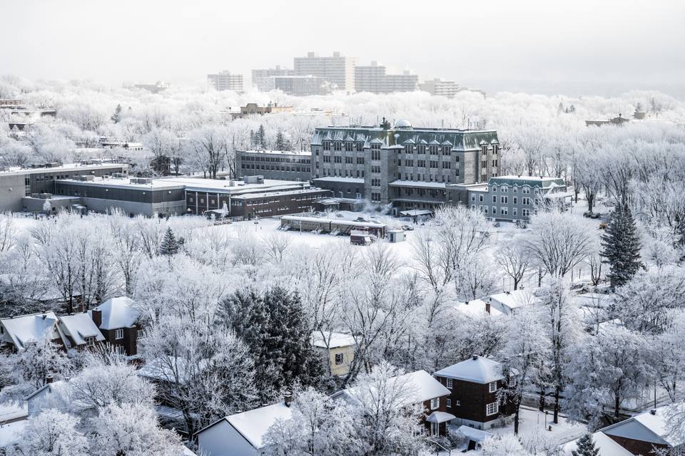 Snow-covered Quebec City skyline in fog — travel photo of Québec