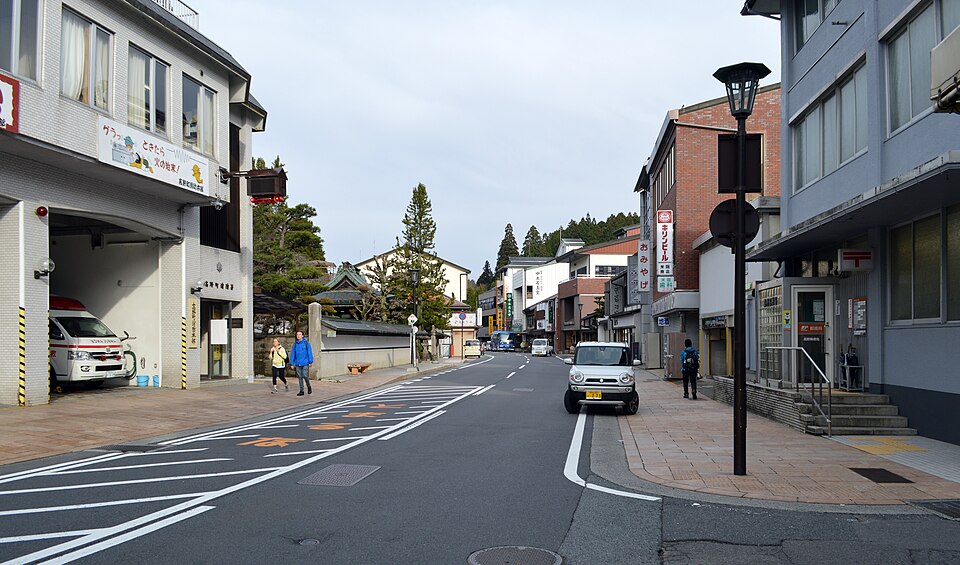 Looking up the main street near the fire department and post office, Koyasan — travel photo of Koyasan, Osaka