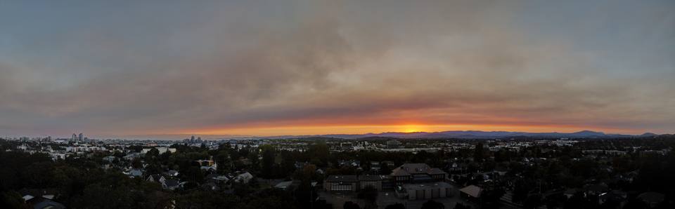 Aerial panorama of the wildfire smoke from the Olympic Mountains drifting over Victoria creating a dramatic sunset over the Sooke Hills ( ) — travel photo of Sooke, Victoria