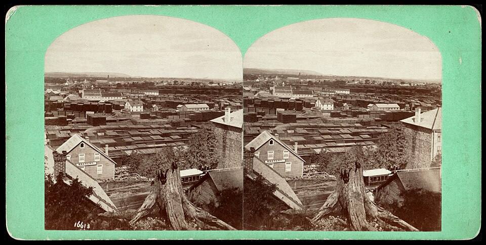 Lumber piling grounds, Ottawa, Canada, from Christ Church Hill, Chelsea Mountains in the distance (inscription on reverse) (I0021698) — travel photo of Chelsea, Ottawa
