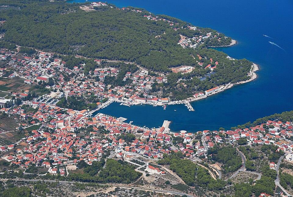 Aerial image of Jelsa (view from the south) — travel photo of Jelsa, Hvar