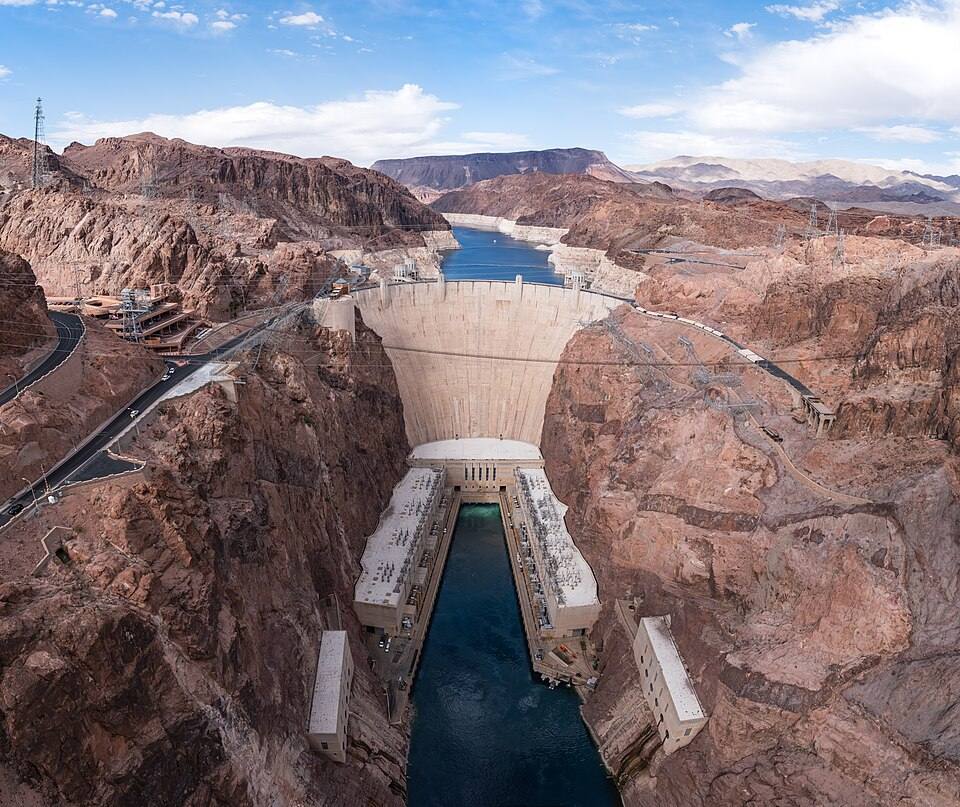 Hoover Dam and Black Canyon seen from the Mike O'Callaghan–Pat Tillman Memorial Bridge, panorama, Arizona–Nevada — travel photo of Black Canyon, Hoover Dam