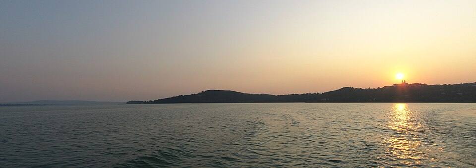 Tihany Abbey Balaton panorama at sunset — travel photo of Tihany, Lake Balaton