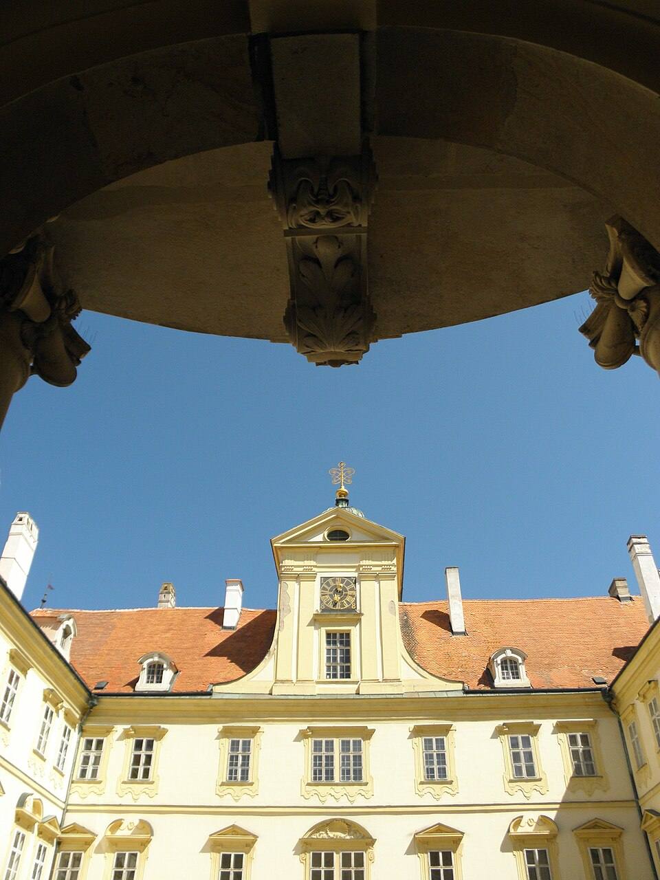 Valtice - chateau view from below a balcony — travel photo of Valtice Chateau