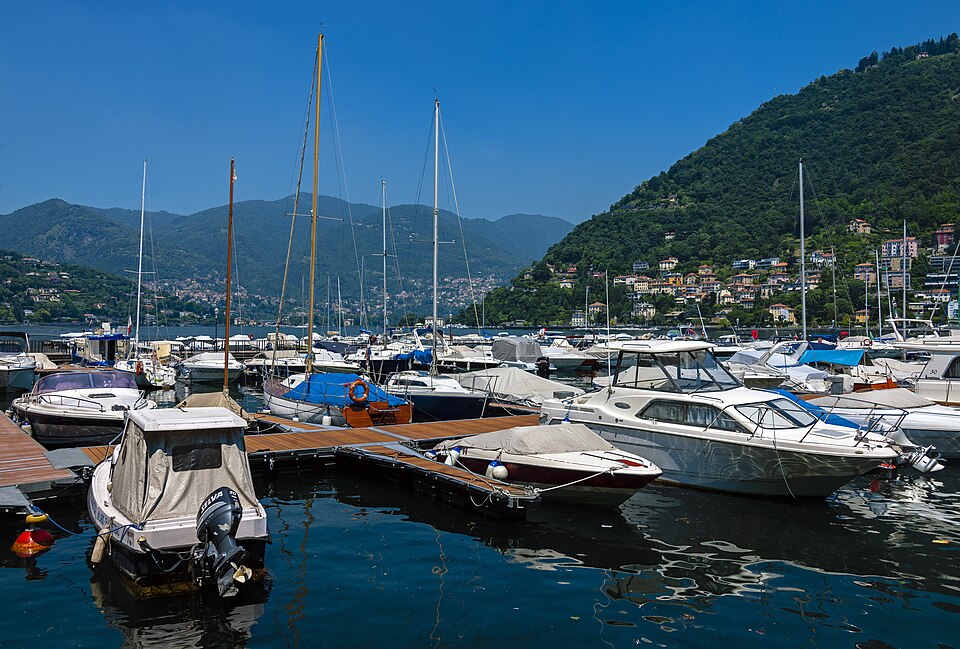 Boats in marina at Como, looking down the lake — travel photo of Como, Lake Como