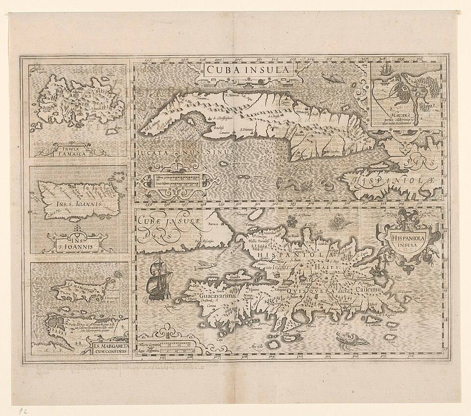Kaart van vijf Caraibïsche eilanden Cuba, Haïti, Jamaica, Puerto Rico en St. Margareta Cuba Insula Hispaniola Insula Insula Iamaica Ins. S. Ioannis I.S. Margareta cum confiniis (titel op object) — travel photo of Puerto Rico & Jamaica