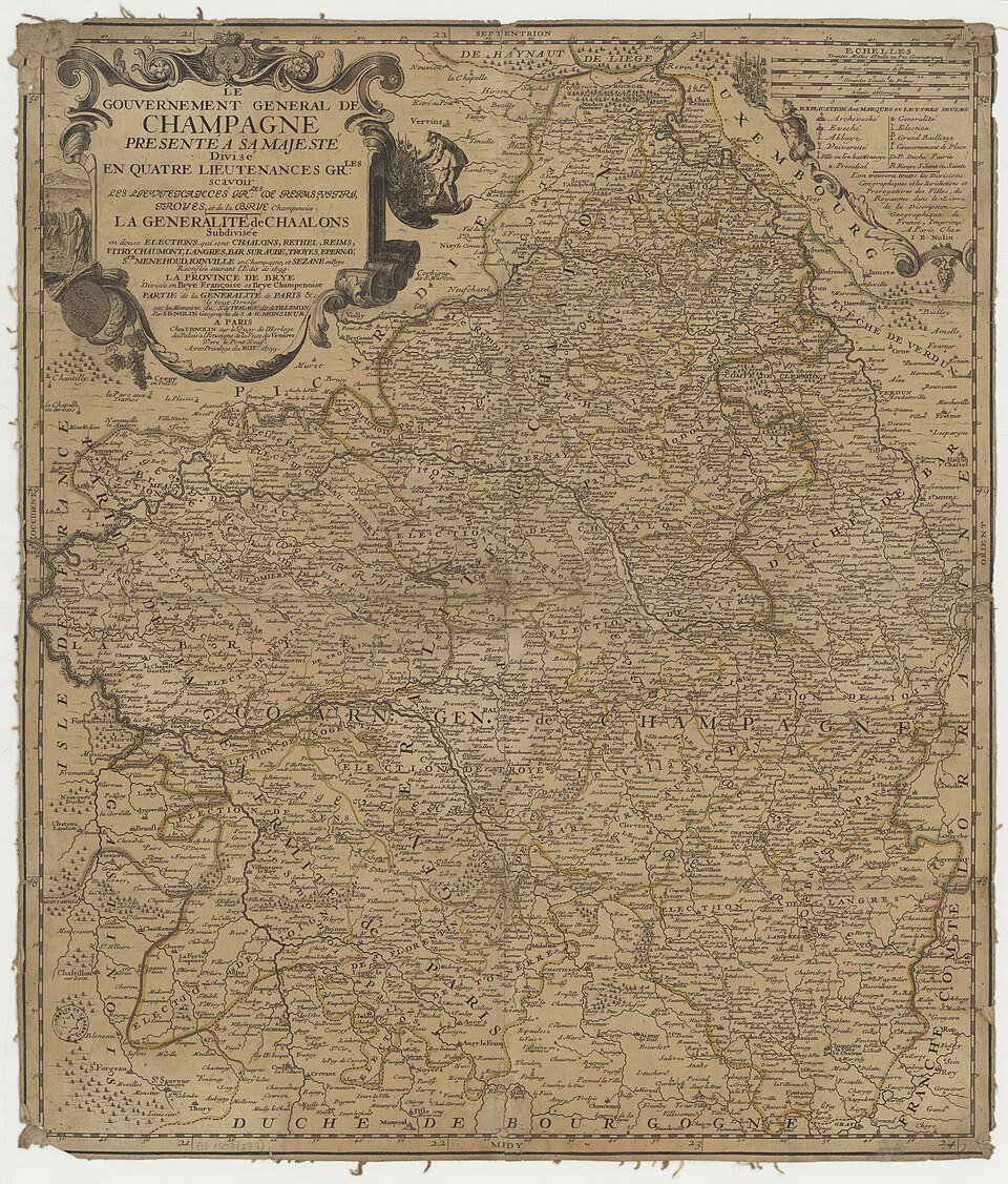 Le Gouvernement General de Champagne, présenté à Sa Majesté. Divisé en quatre Lieutenances Grles, scavoir les lieutenances grles. de Reims, Vitri, Troyes et de la Brye. La Généralité de Chaalons... - btv1b53179478r (1 of 2) — travel photo of Troyes, Champagne & Reims