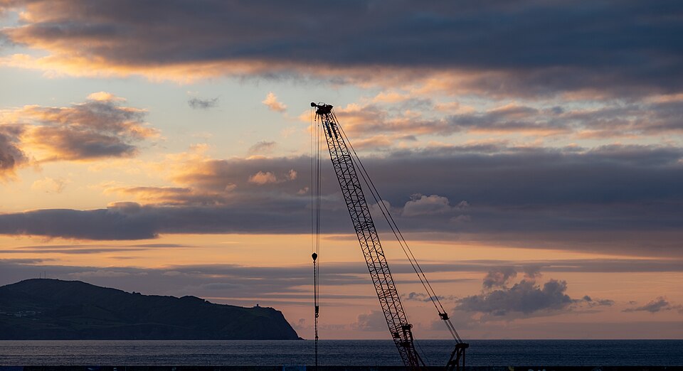 Crane at the Madalena harbour, at sunset, Pico Island, Azores, Portugal (PPL3-Altered) julesvernex2 — travel photo of Madalena, Azores — Pico