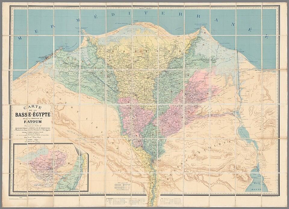 Carte de la Basse-Égypte et de la province du Fayoum - Dresseìe sur l’ordre de MM. Ed. Bouteron, J. Gibson et S.E.M. Chekib (IA dr carte-de-la-basse-gypte-et-de-la-province-du-fayoum-dressee-sur-lordre- ) — travel photo of Fayoum, Giza