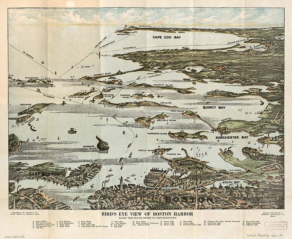Bird's eye view of Boston Harbor along the South Shore to Plymouth, Cape Cod Canal, and Provincetown - in colors - showing all steamboat routes. LOC — travel photo of Provincetown, Cape Cod & the Islands
