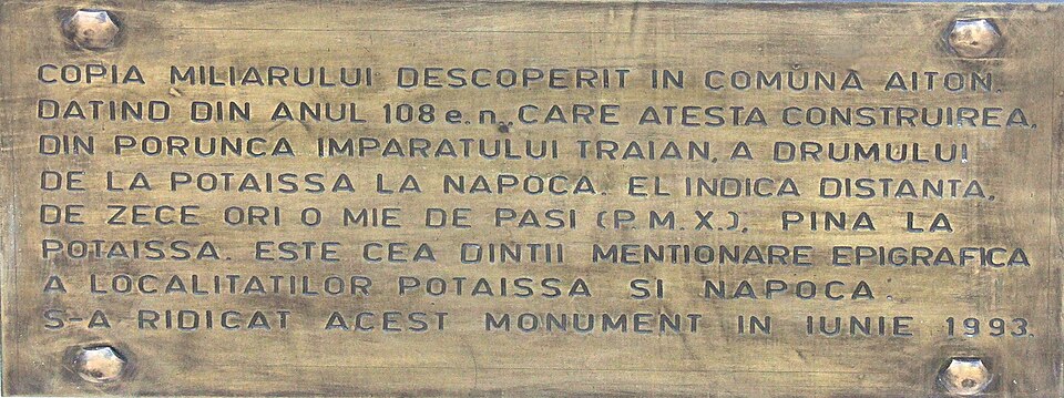 Milliarum of Aiton, plaque of the modern copy erected in Turda, Romania in — travel photo of Turda, Cluj-Napoca