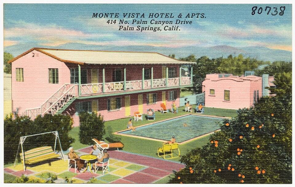 Monte Vista Hotel and Apts., No. Palm Canyon Drive, Palm Springs, Calif ( ) — travel photo of Palm Canyon Drive, Palm Springs
