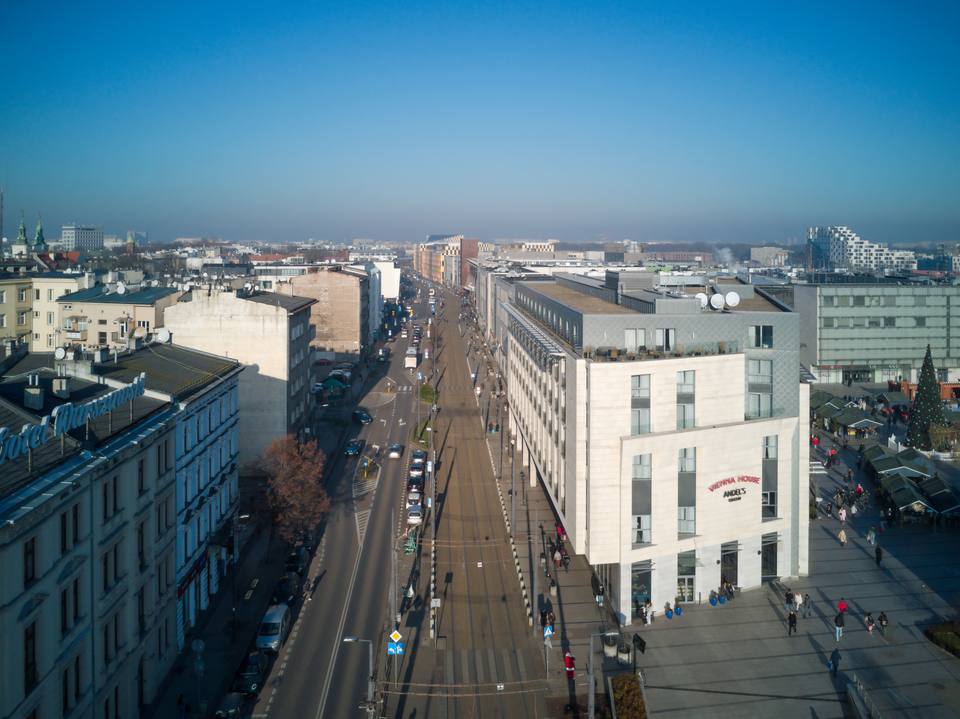 Pawia street, view from S, Kraków, Poland (bird's-eye view — travel photo of Kraków, Poland
