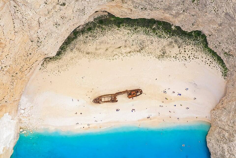 Navagio Beach aerial Zakynthos Greece ( ) — travel photo of Navagio, Zakynthos