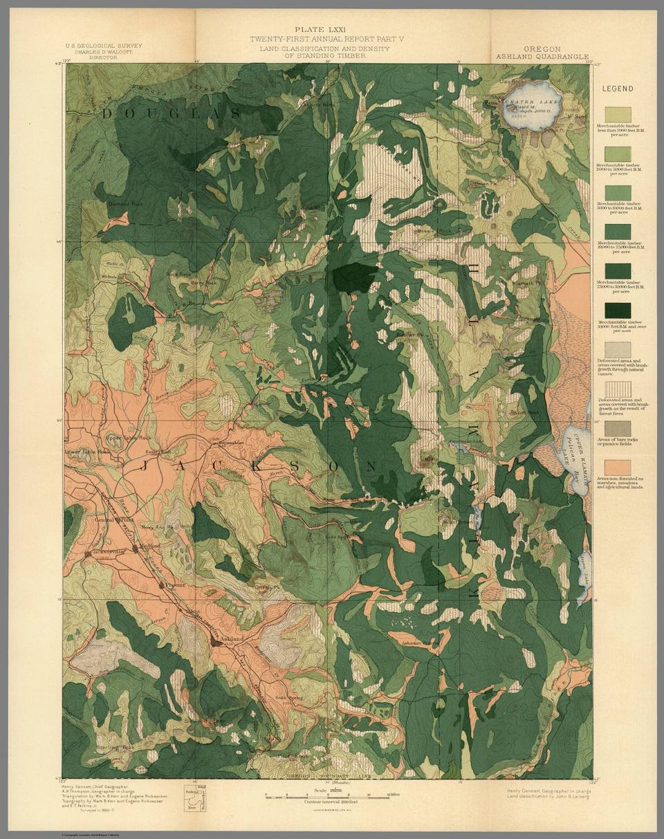 Plate LXXI. Ashland Quadrangle. Oregon. Land Classification and Density of Standing Timber. Julius Bien & Co. Lith. N.Y. (IA dr plate-lxxi-ashland-quadrangle-oregon-land-classification-and-density-of- ) — travel photo of Ashland, Olympic & the Cascades