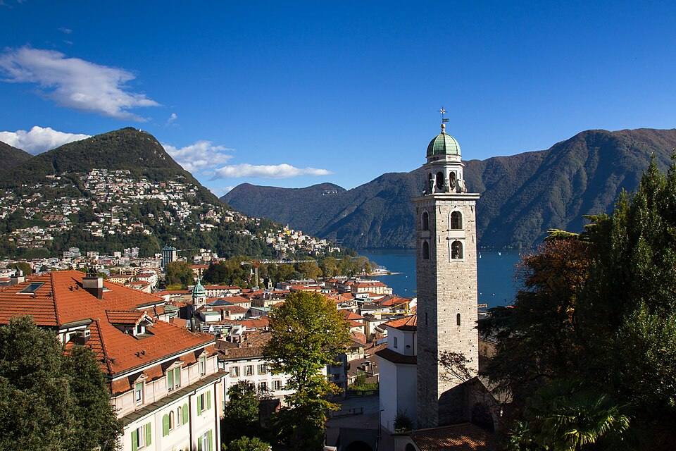 Lugano skyline landscape Ticino Monte Bre Church Of San Lorenzo — travel photo of Lugano & Ticino