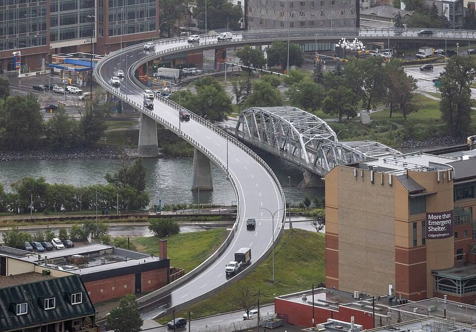 4th Ave and Reconciliation Bridge from Calgary Tower, Calgary, Alberta — travel photo of Calgary