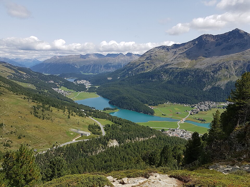 Lake Silvaplana and St. Moritz-Bad as seen from Muttaun 1 — travel photo of St Moritz Bad, St Moritz & the Engadin