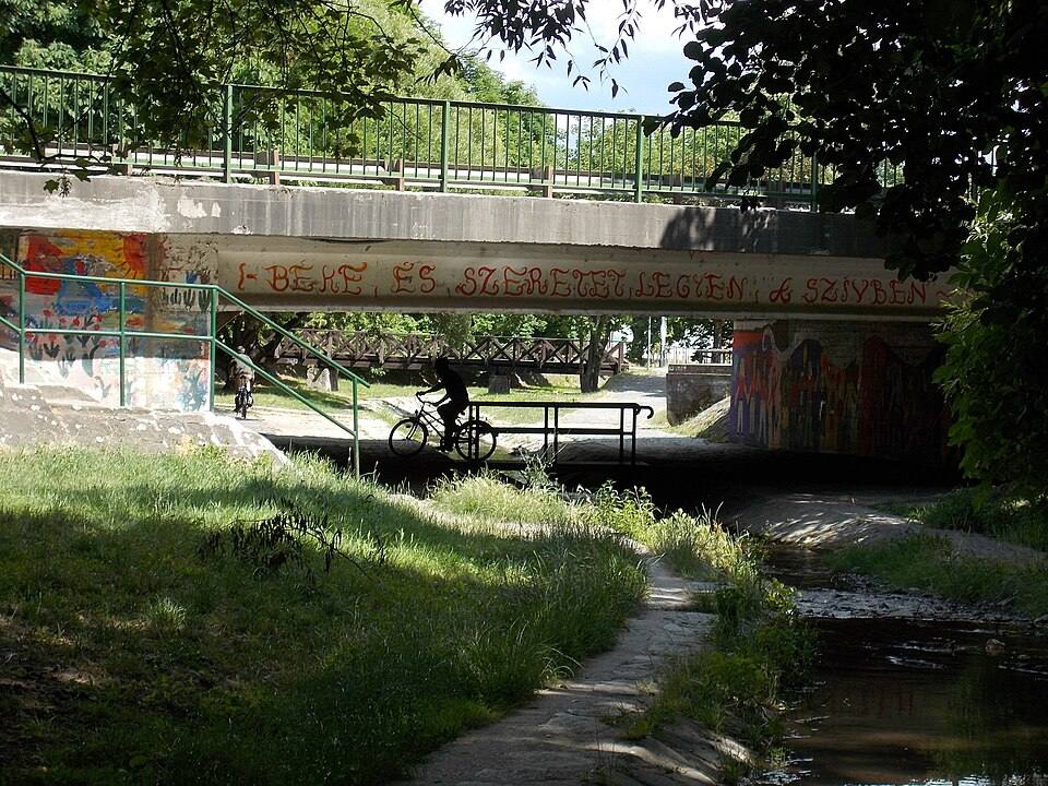 M11 highway bridge over the Bükkös creek. North. Cyclists, Pilis-Danube Bend bike path. - Szentendre, Pest county, Hungary — travel photo of Szentendre, Danube Bend