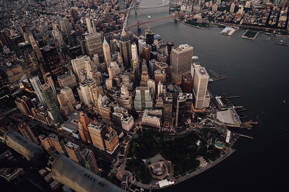 Aerial view of Lower Manhattan and Battery Park at dusk — travel photo of Battery Park, Downtown & Financial District