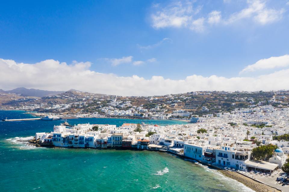 Little Venice with a view of the ferry terminal in Mykonos, Greece — travel photo of Mykonos, Greece