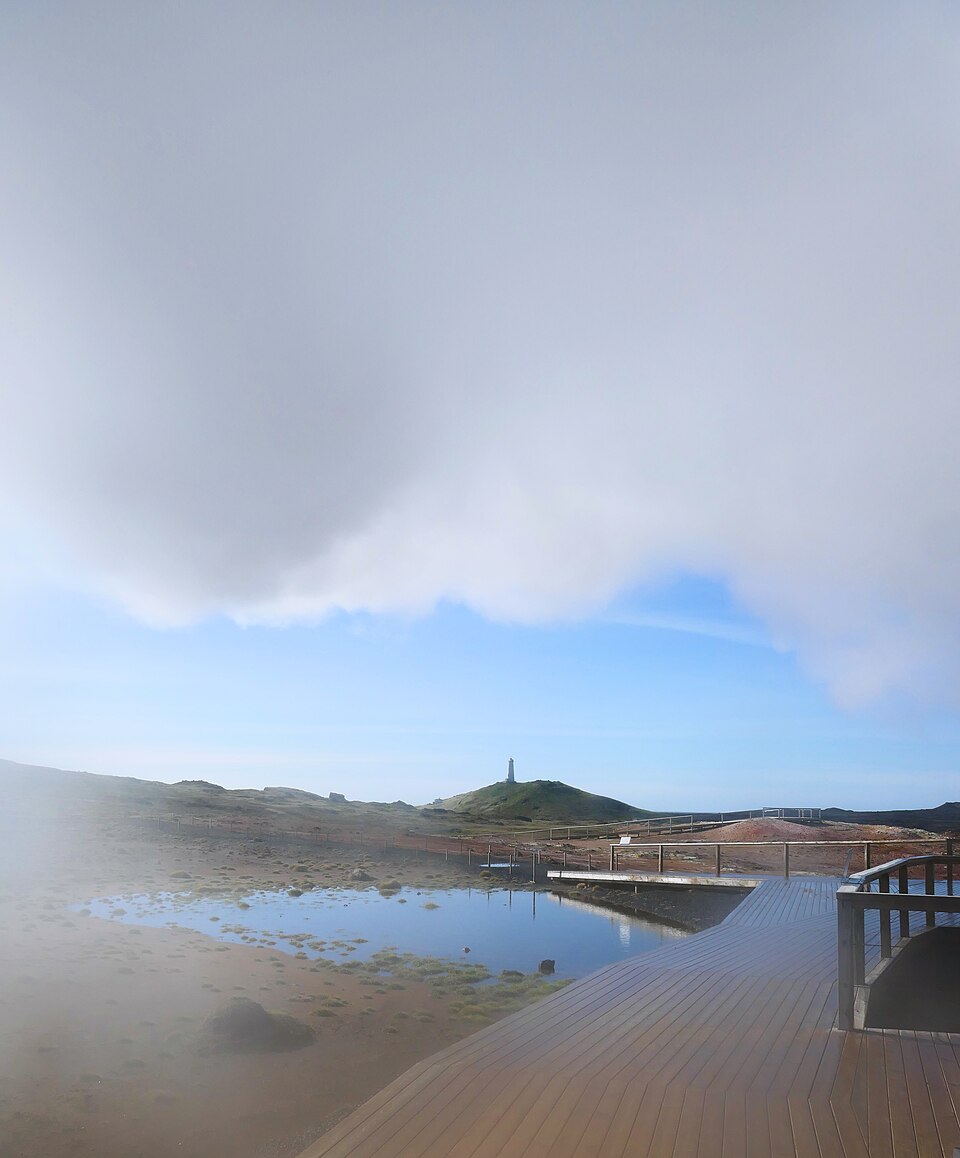 Reykjanesviti lighthouse as seen from Gunnuhver geothermal Area — travel photo of Reykjanesviti & Gunnuhver