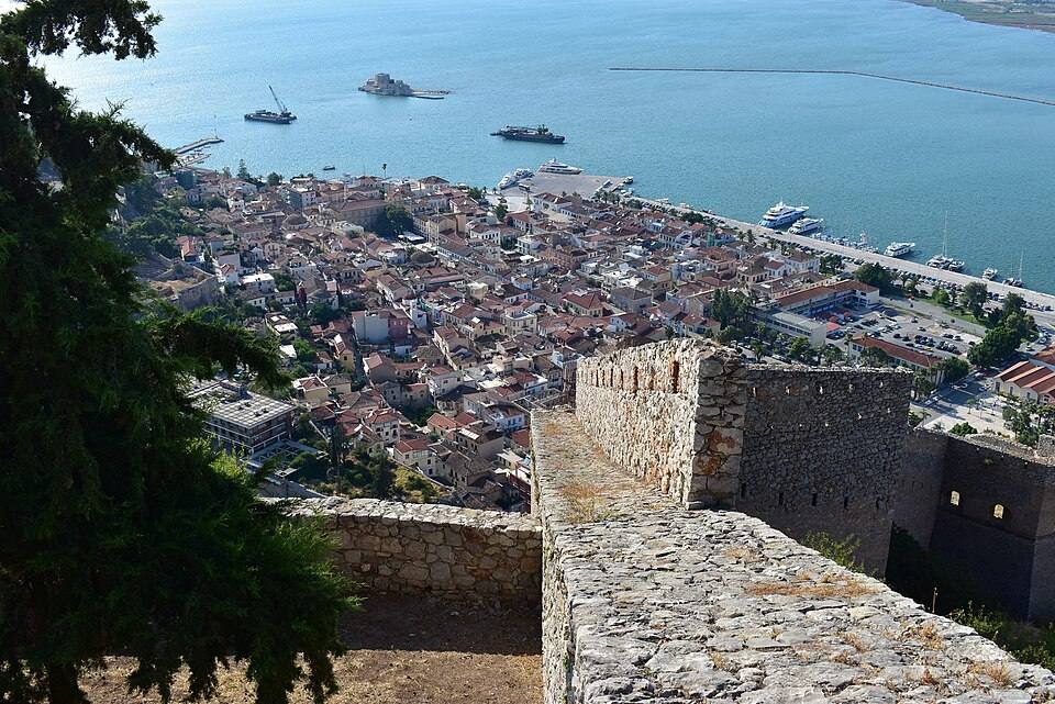View from Palamidi castle - 1 (Bourtzi castle and part of Nafplio) — travel photo of Nafplio & the Peloponnese