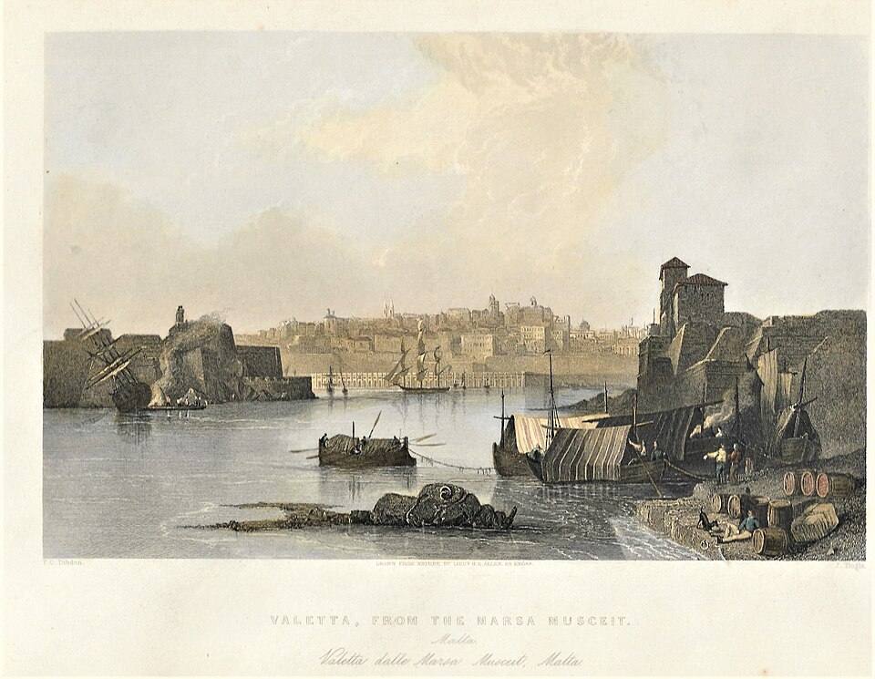 Valletta from the Marsa Musceit. Lt Allen Royal Engineers, Etching T C Dibden, J Tingle — travel photo of Marsa, Valletta