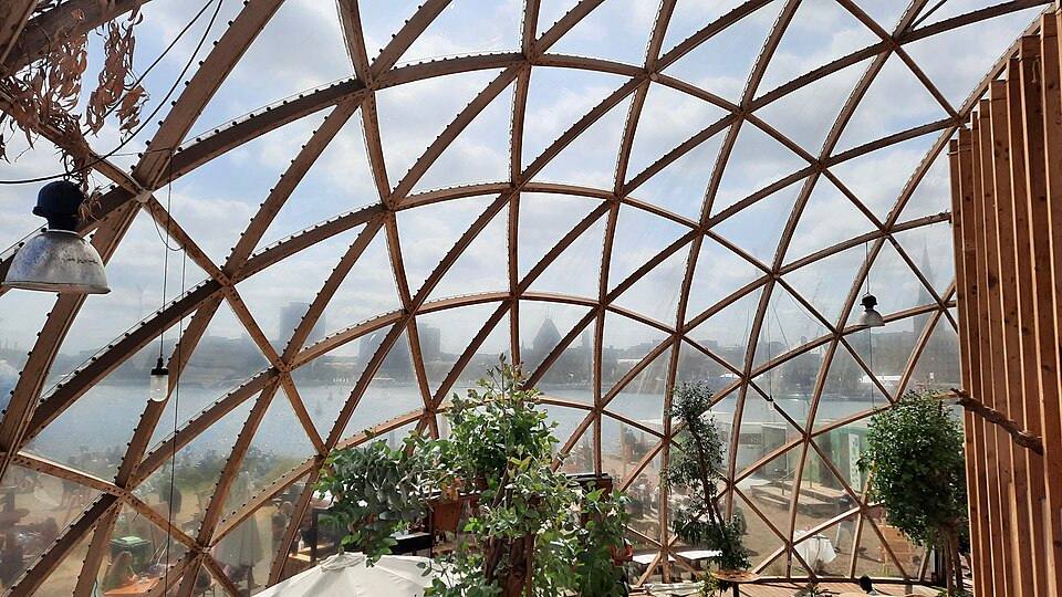 View of Aarhus skyline from inside geodome Aarhus City Park Pier 2 Aarhus Denmark — travel photo of Aarhus