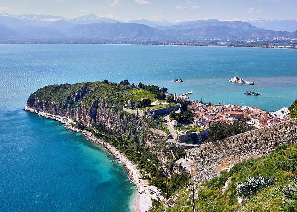 The castle of Akronaplia and the old town of Nafplio from the fortress of Palamidi on March — travel photo of Nafplio, Nafplio & the Peloponnese